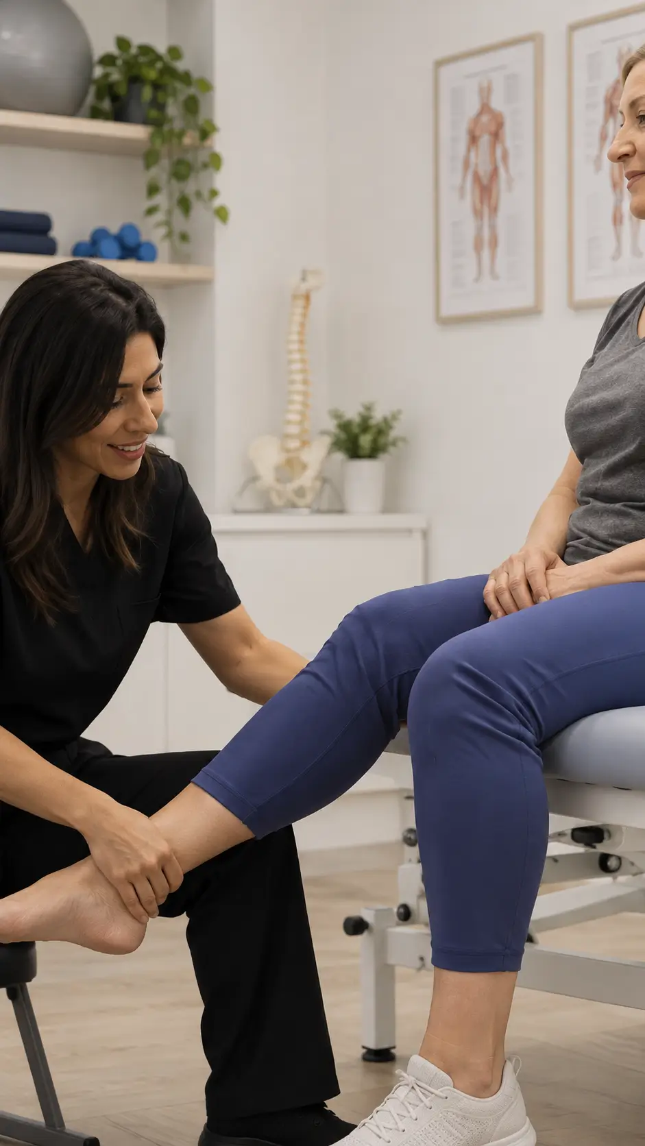 Fisioterapeuta realizando avaliação individual do tornozelo de uma paciente